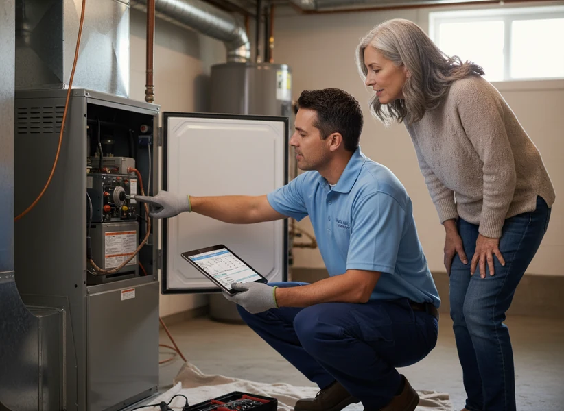 Technician explaining a furnace inspection to a homeowner