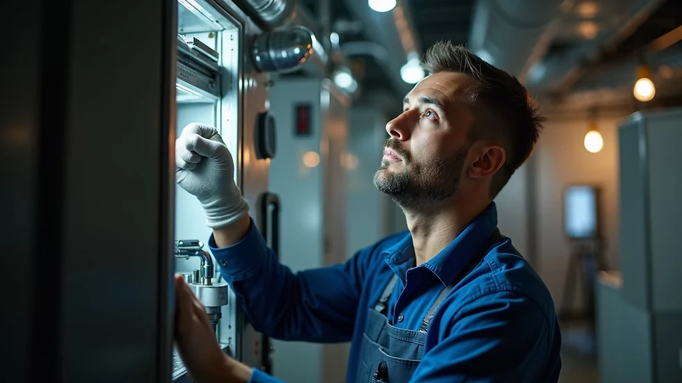 Technician inspecting the inside of HVAC equipment